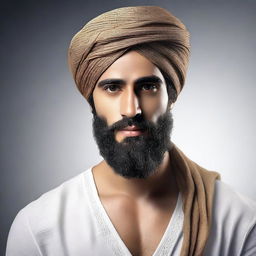 A hyper-realistic digital art piece depicting a very handsome young Arab man wearing a turban and sporting a beard