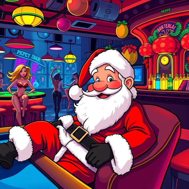 A cartoonish character resembling Pepe, dressed in a traditional Santa Claus outfit, lounging at a vibrant bar