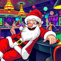 A cartoonish character resembling Pepe, dressed in a traditional Santa Claus outfit, lounging at a vibrant bar