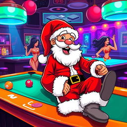 A cartoonish character resembling Pepe, dressed in a traditional Santa Claus outfit, lounging at a vibrant bar