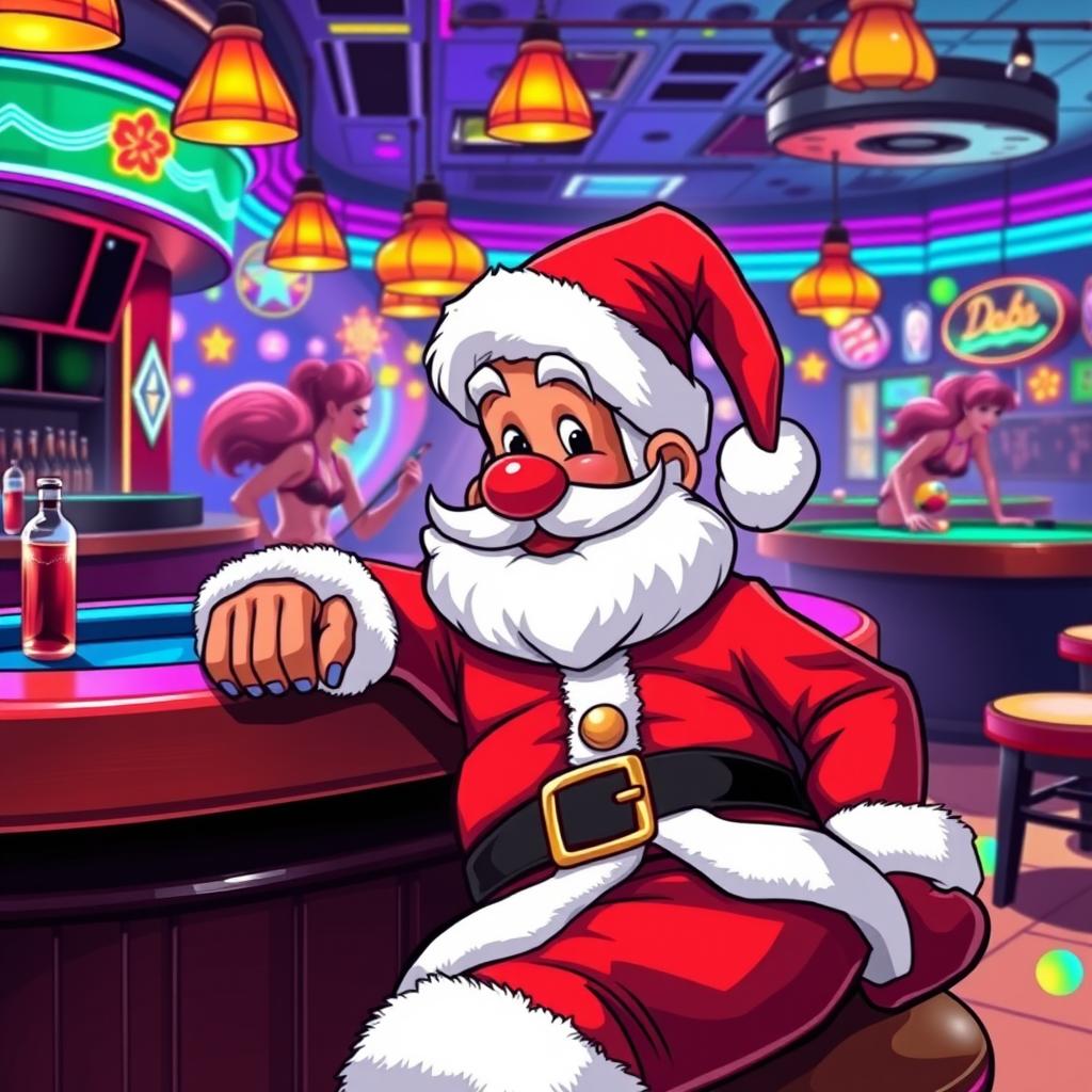 A cartoonish character resembling Pepe, dressed in a traditional Santa Claus outfit, lounging at a vibrant bar