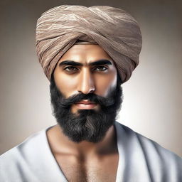 A hyper-realistic digital art piece depicting a very handsome young Arab man wearing a turban and sporting a beard