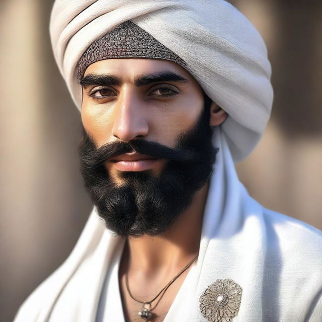 A hyper-realistic digital art piece depicting a very handsome young Arab man wearing a turban and sporting a beard