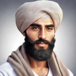 A hyper-realistic digital art piece depicting a very handsome young Arab man wearing a turban and sporting a beard