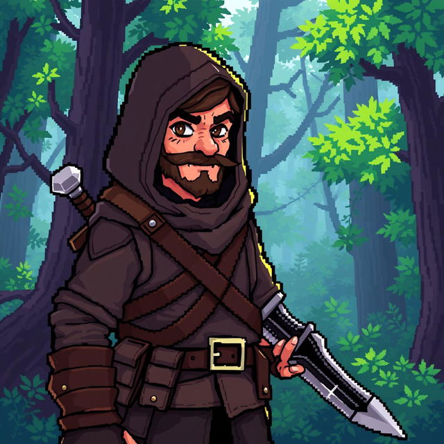 A detailed pixel art character design for an NPC inspired by the game Stoneshard