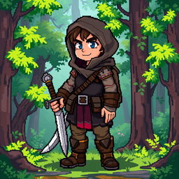 A detailed pixel art character design for an NPC inspired by the game Stoneshard