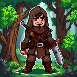 A detailed pixel art character design for an NPC inspired by the game Stoneshard