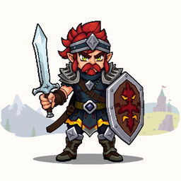 A bold warrior character rendered in a compact 32x32 pixel art style, equipped with a detailed sword and shield