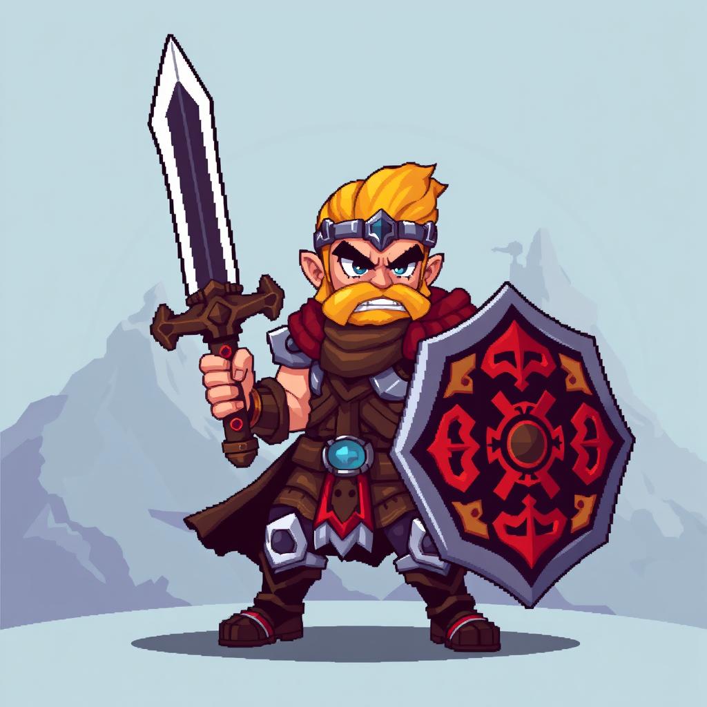 A bold warrior character rendered in a compact 32x32 pixel art style, equipped with a detailed sword and shield