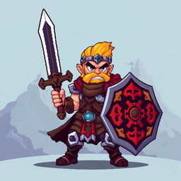 A bold warrior character rendered in a compact 32x32 pixel art style, equipped with a detailed sword and shield