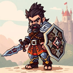 A bold warrior character rendered in a compact 32x32 pixel art style, equipped with a detailed sword and shield