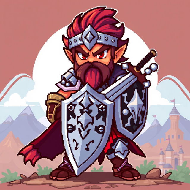 A bold warrior character rendered in a compact 32x32 pixel art style, equipped with a detailed sword and shield