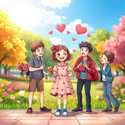 A heartwarming scene depicting a love polygon involving one girl and five boys, showcasing their dynamics in a playful and light-hearted manner
