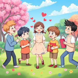 A heartwarming scene depicting a love polygon involving one girl and five boys, showcasing their dynamics in a playful and light-hearted manner