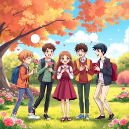 A heartwarming scene depicting a love polygon involving one girl and five boys, showcasing their dynamics in a playful and light-hearted manner