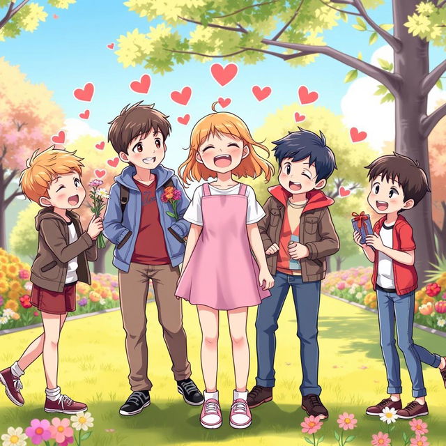A heartwarming scene depicting a love polygon involving one girl and five boys, showcasing their dynamics in a playful and light-hearted manner