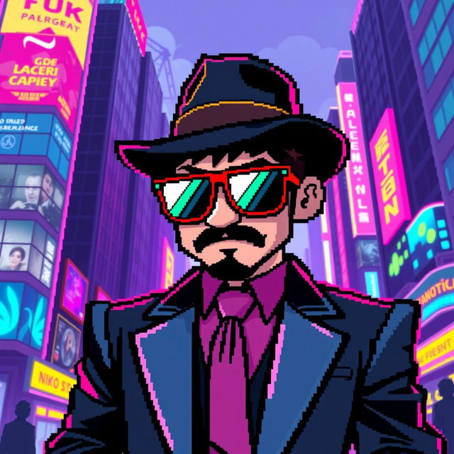 A pixelated image of a digital gangster, featuring a character with a stylish outfit including a fedora hat, a flashy tie, and oversized sunglasses