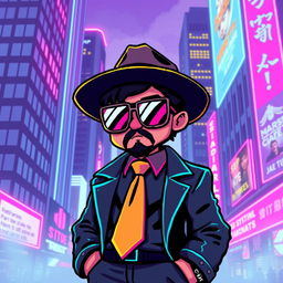 A pixelated image of a digital gangster, featuring a character with a stylish outfit including a fedora hat, a flashy tie, and oversized sunglasses