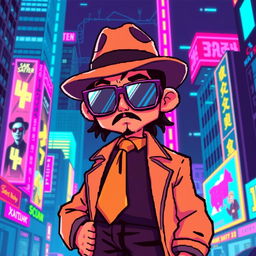 A pixelated image of a digital gangster, featuring a character with a stylish outfit including a fedora hat, a flashy tie, and oversized sunglasses