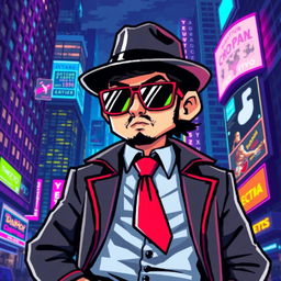 A pixelated image of a digital gangster, featuring a character with a stylish outfit including a fedora hat, a flashy tie, and oversized sunglasses