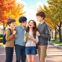 A heartwarming scene depicting a love polygon involving one girl and five teenage boys, illustrating their playful and innocent dynamics