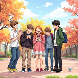 A heartwarming scene depicting a love polygon involving one girl and five teenage boys, illustrating their playful and innocent dynamics