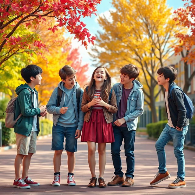 A heartwarming scene depicting a love polygon involving one girl and five teenage boys, illustrating their playful and innocent dynamics