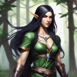 A high-quality digital art image of a female hero wood elf from a D&D setting