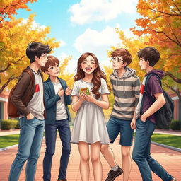 A heartwarming scene depicting a love polygon involving one girl and five teenage boys, illustrating their playful and innocent dynamics