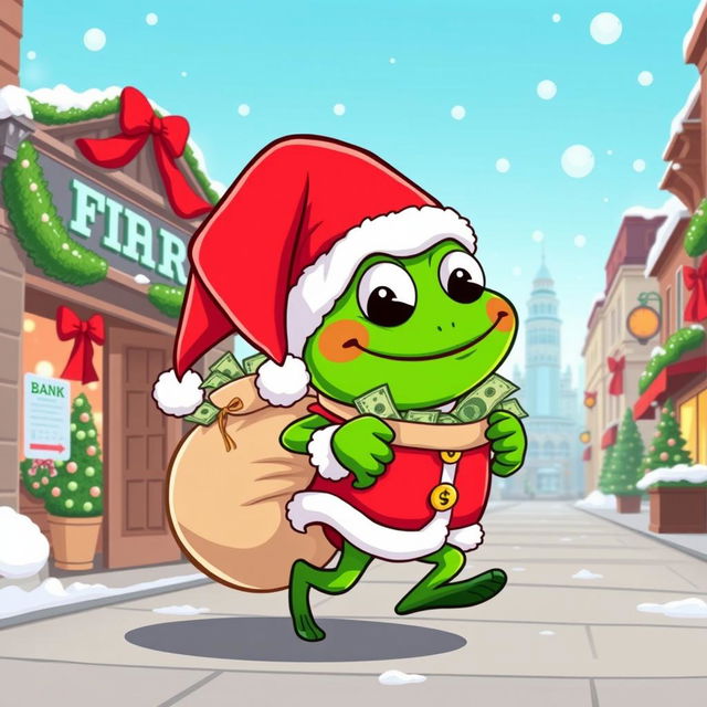 A cartoonish depiction of a character resembling Pepe the Frog dressed as Santa Claus, cheerfully exiting a bank