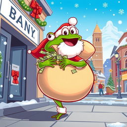 A cartoonish depiction of a character resembling Pepe the Frog dressed as Santa Claus, cheerfully exiting a bank