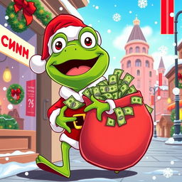 A cartoonish depiction of a character resembling Pepe the Frog dressed as Santa Claus, cheerfully exiting a bank