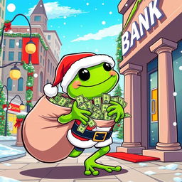 A cartoonish depiction of a character resembling Pepe the Frog dressed as Santa Claus, cheerfully exiting a bank