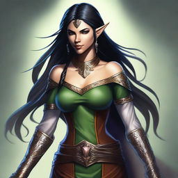 A high-quality digital art image of a female hero wood elf from a D&D setting