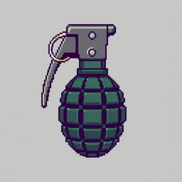 A pixelated 8-bit image of a hand grenade, featuring the classic round body with a distinct pin and lever on top