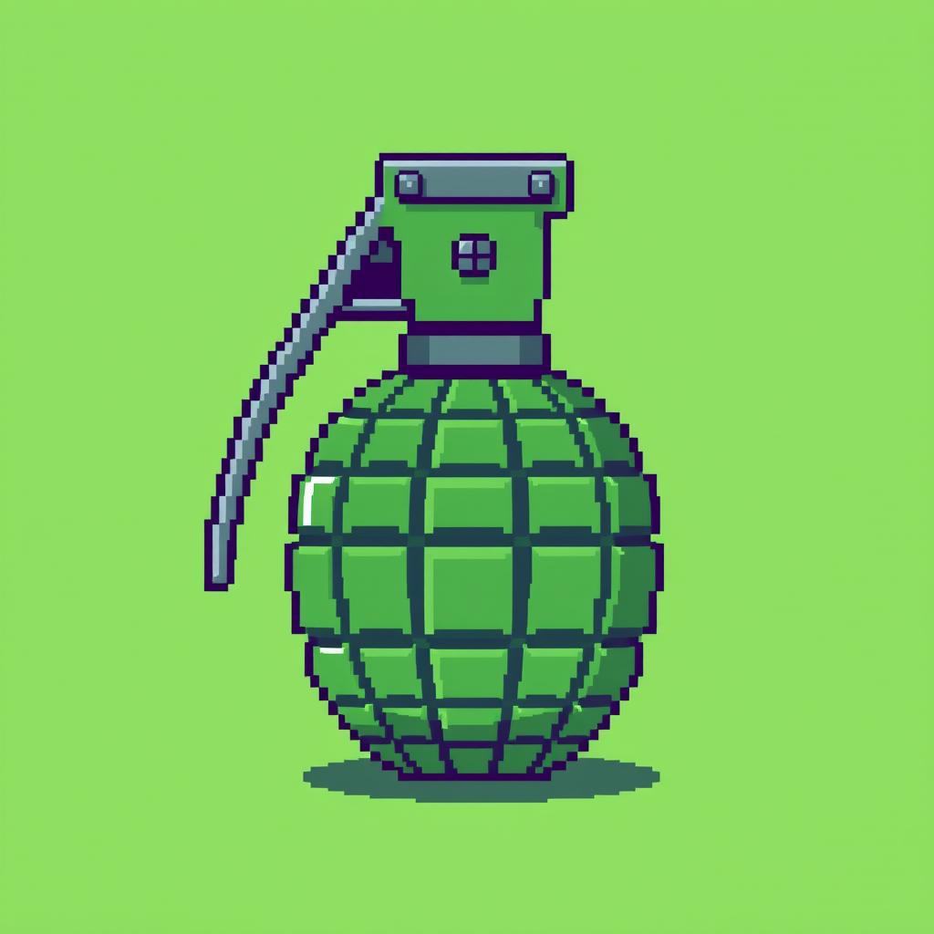 A pixelated 8-bit image of a hand grenade, featuring the classic round body with a distinct pin and lever on top