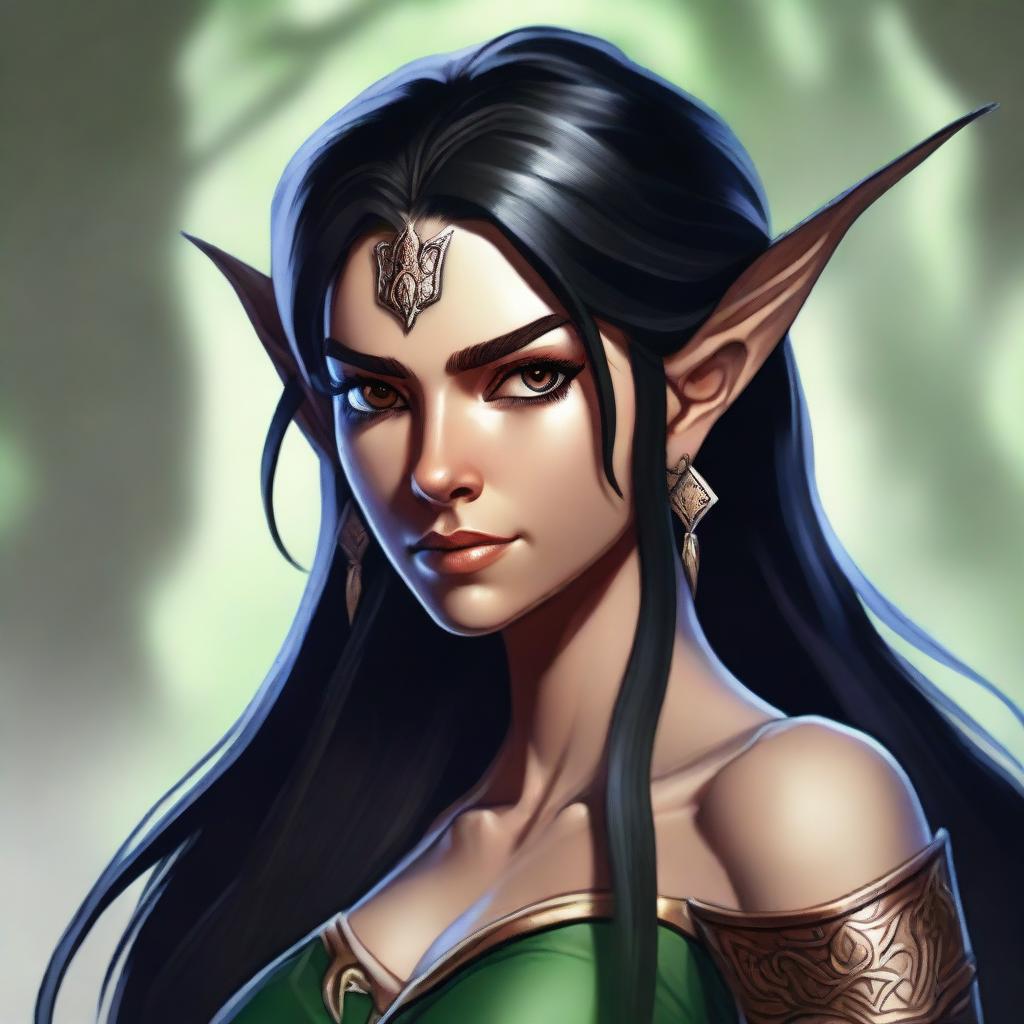 A high-quality digital art image of a female hero wood elf from a D&D setting