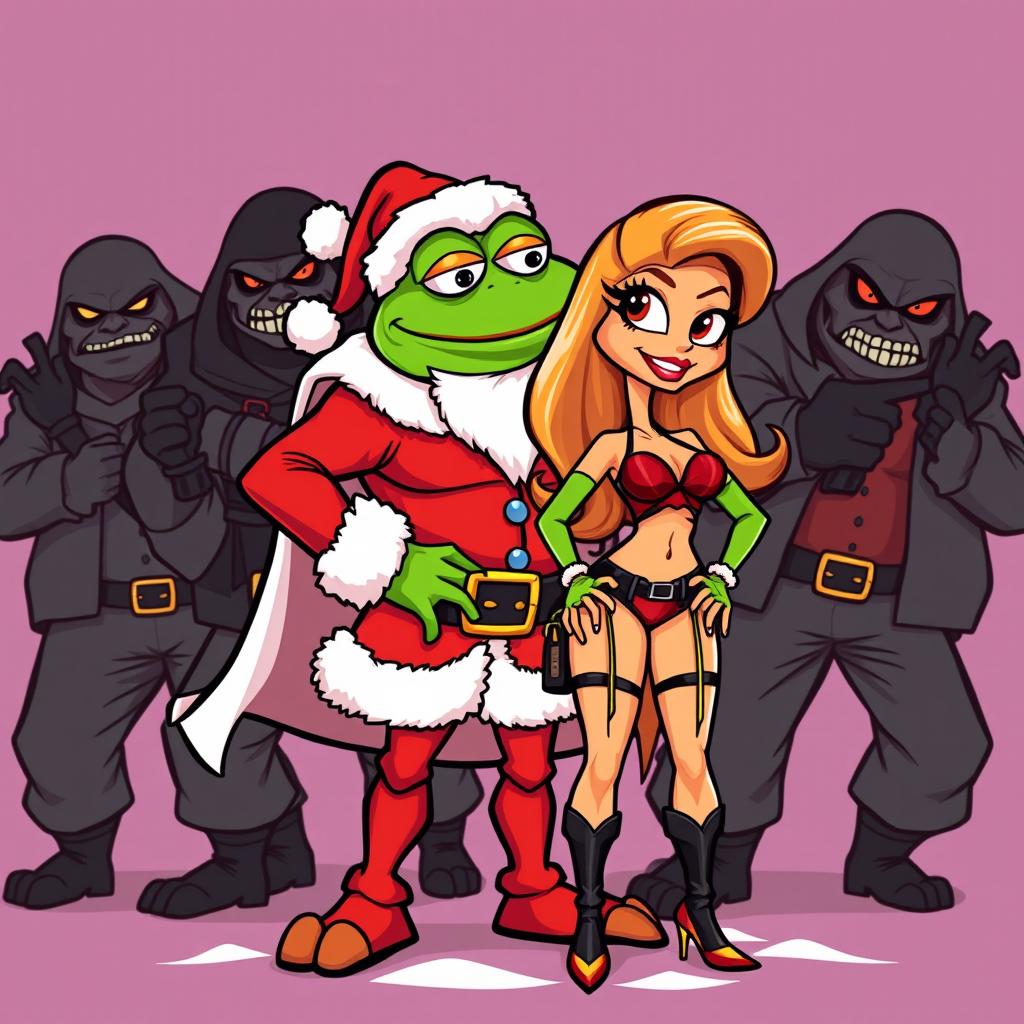 A cartoonish vector style illustration featuring Pepe the Frog dressed as Santa Claus