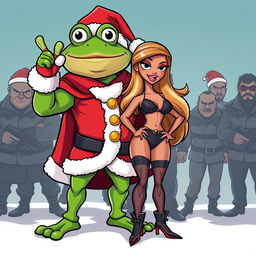 A cartoonish vector style illustration featuring Pepe the Frog dressed as Santa Claus
