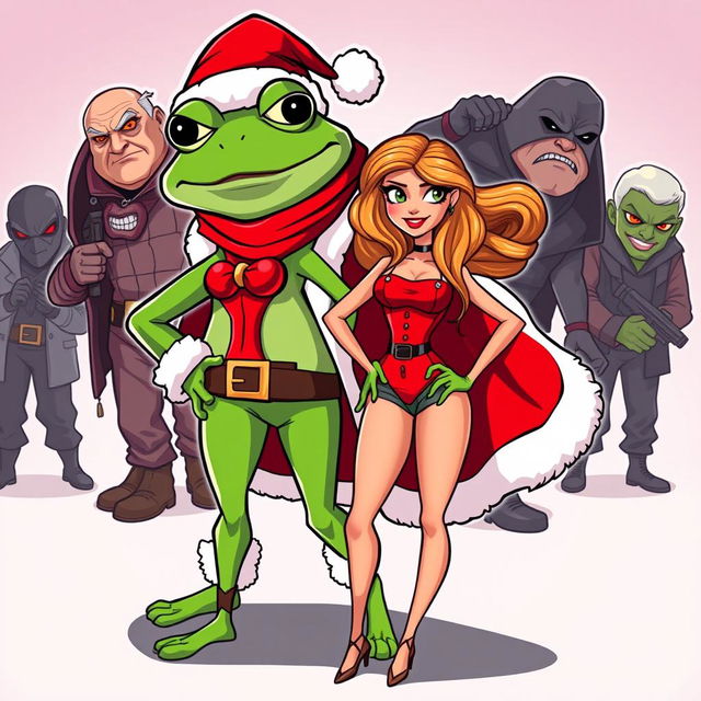 A cartoonish vector style illustration featuring Pepe the Frog dressed as Santa Claus