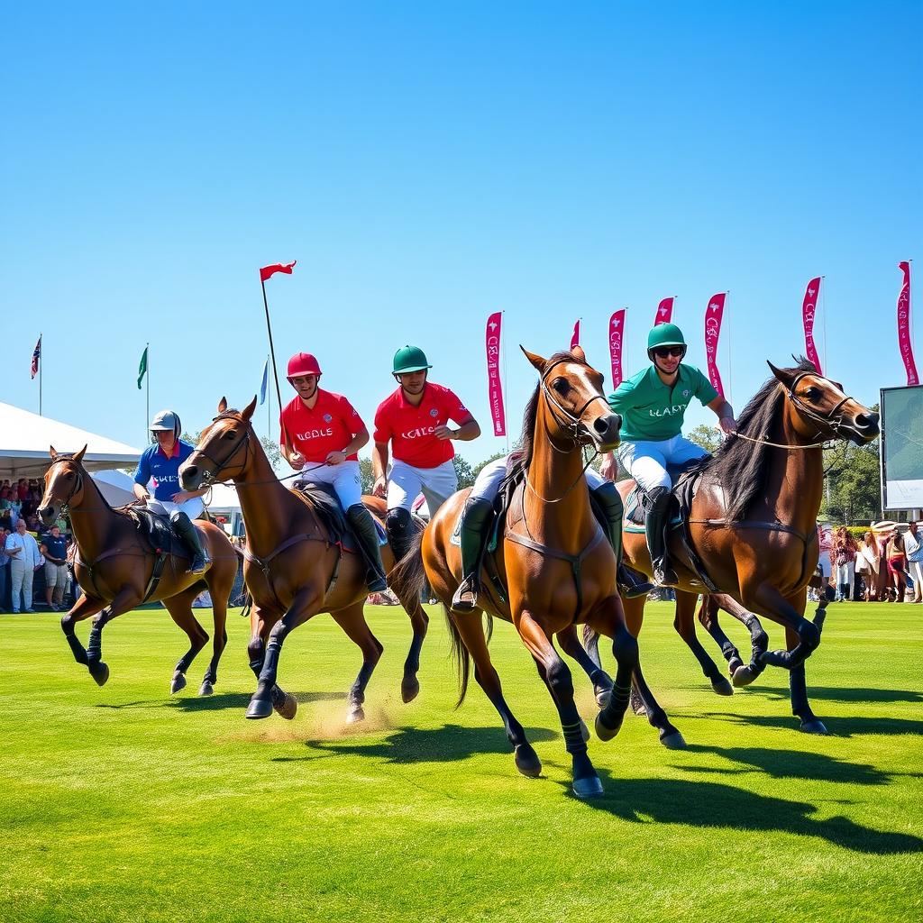 A dynamic scene depicting athletes playing polo on horseback, wearing vibrant polo jerseys in a variety of colors such as red, blue, and green