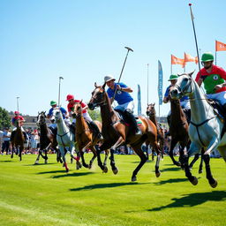 A dynamic scene depicting athletes playing polo on horseback, wearing vibrant polo jerseys in a variety of colors such as red, blue, and green