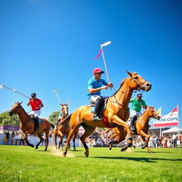 A dynamic scene depicting athletes playing polo on horseback, wearing vibrant polo jerseys in a variety of colors such as red, blue, and green
