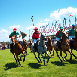 A dynamic scene depicting athletes playing polo on horseback, wearing vibrant polo jerseys in a variety of colors such as red, blue, and green