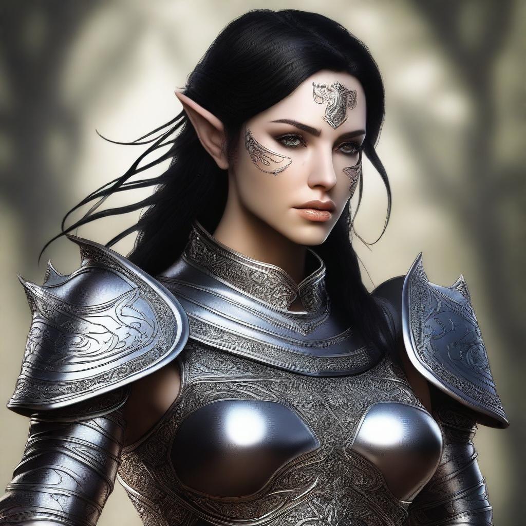 A digital art image of a heroic female wood elf, portrayed in the highest quality