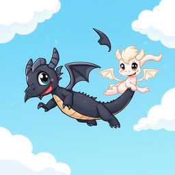 A whimsical and charming scene depicting two playful dragons frolicking in a bright blue sky, surrounded by fluffy white clouds