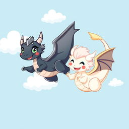 A whimsical and charming scene depicting two playful dragons frolicking in a bright blue sky, surrounded by fluffy white clouds