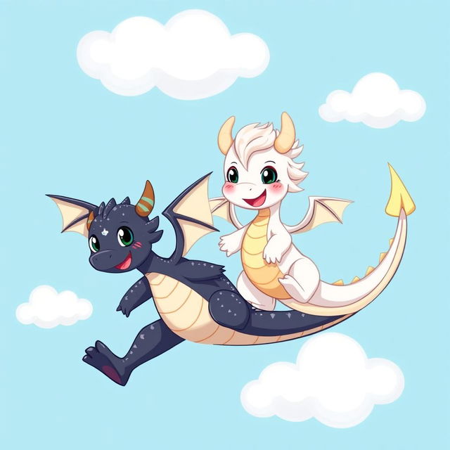 A whimsical and charming scene depicting two playful dragons frolicking in a bright blue sky, surrounded by fluffy white clouds