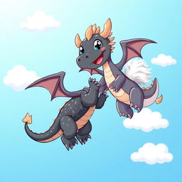 A whimsical and charming scene depicting two playful dragons frolicking in a bright blue sky, surrounded by fluffy white clouds
