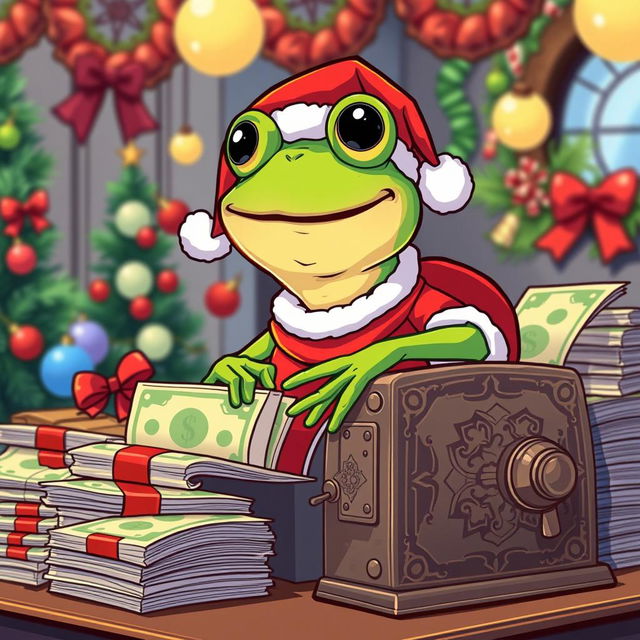 A whimsical illustration of Pepe the Frog dressed as Santa Claus, joyfully operating a vintage money printing machine